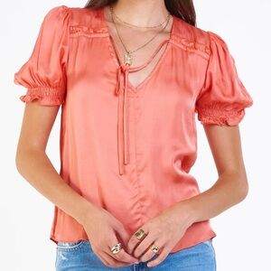 Dear John Eva Smock Cuff Satin Shirt size medium in coral